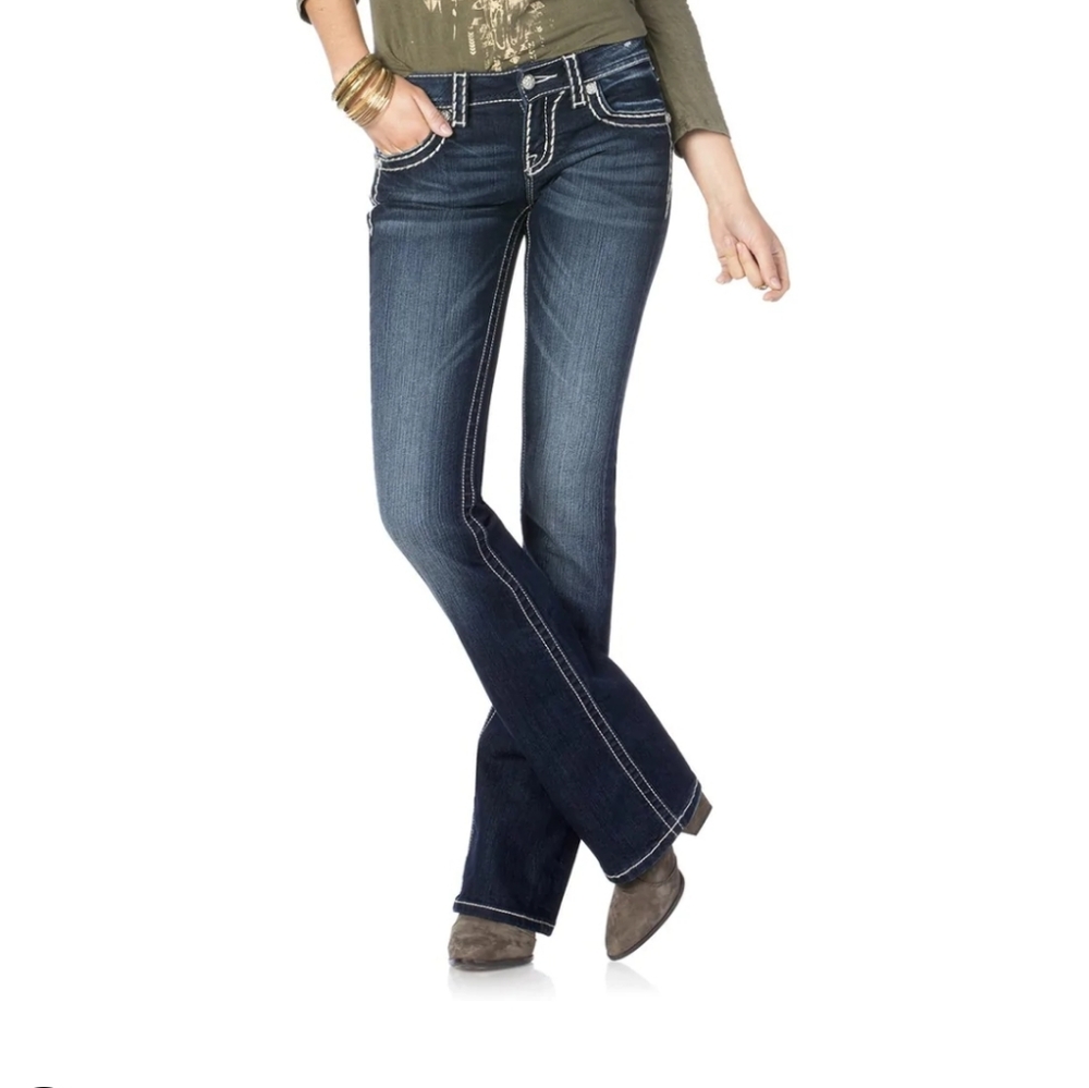 2 Pairs Miss Me Loose Saddle Stitch Low Rise Bootcut Jeans, Size 24, 34" Inseam